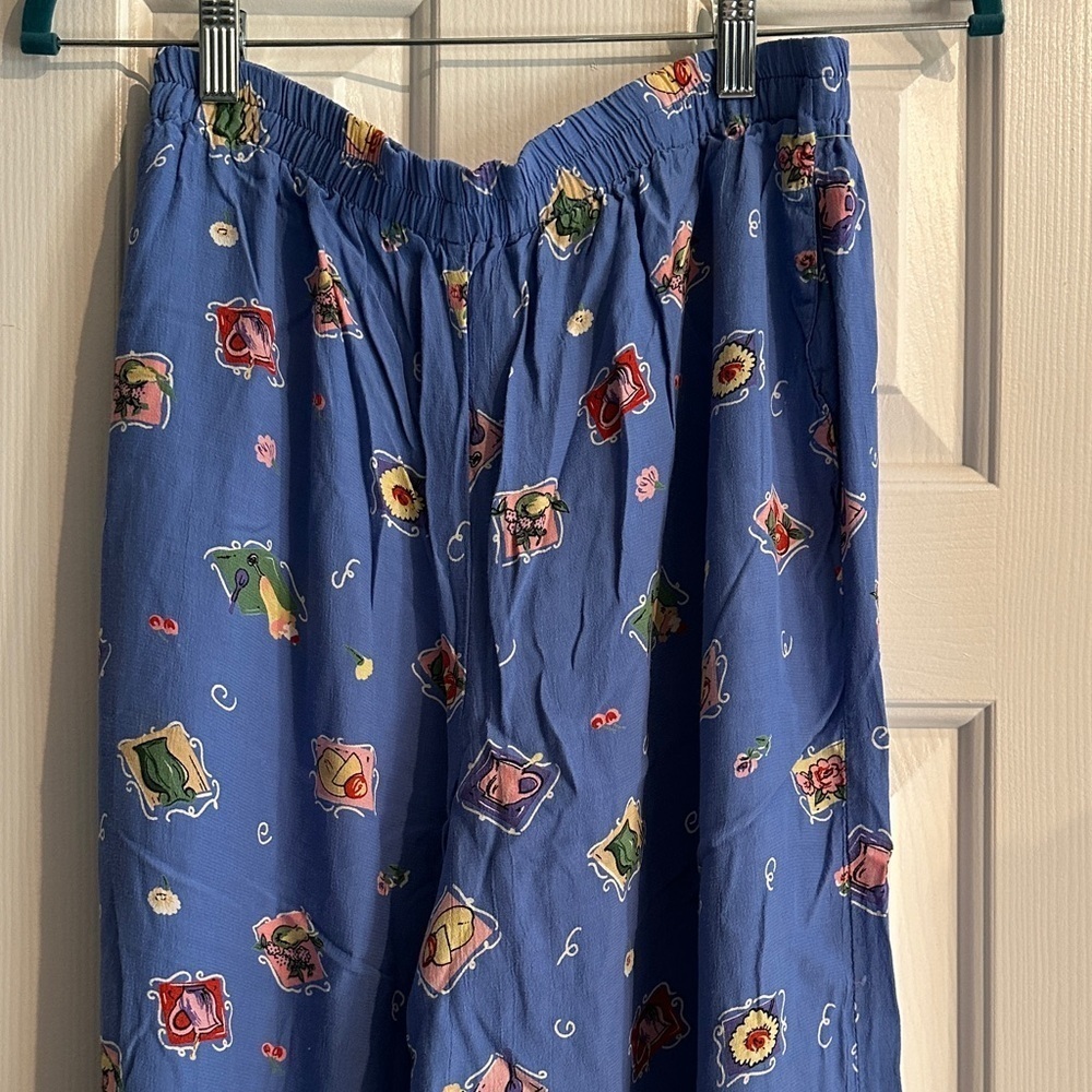 Vintage Blue Whimsical Pull On Pants Women’s Small Artsy Unique Cottagecore